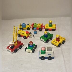 Vintage Fisher Price Airport Accessories, Taxi, Fire Engine, Mail Car, Figures